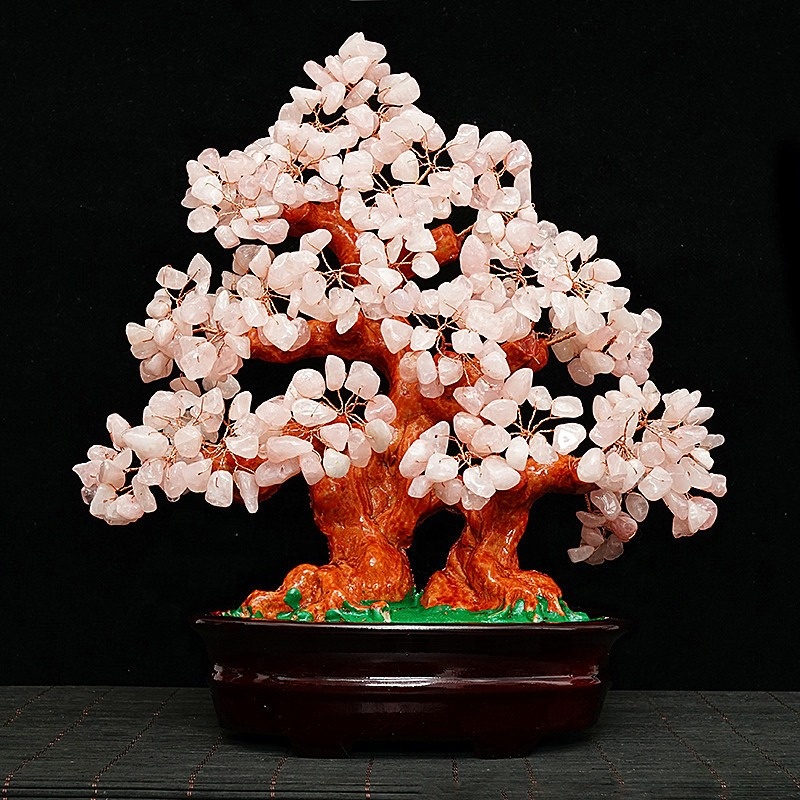 Feng Shui Bonsai Money Tree - Pink Crystal Decor for Wealth