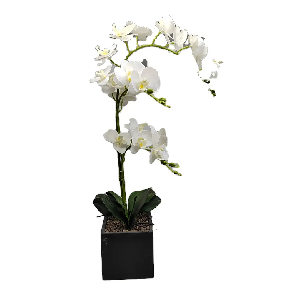 Artificial flower bouquet centerpiece flower silk fabric real touch orchid potted plants in black square ceramic pot