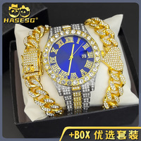 4 pièces de montres incrustées de diamants à grand cadran avec bracelets cubains 2 montres de style hip-hop à la mode ensemble de bijoux