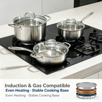 Ensemble de casseroles en acier inoxydable écologique moderne, casserole, poêle, poêlon, couvercle en verre - Sans revêtement, compatible lave-vaisselle, compatible induction