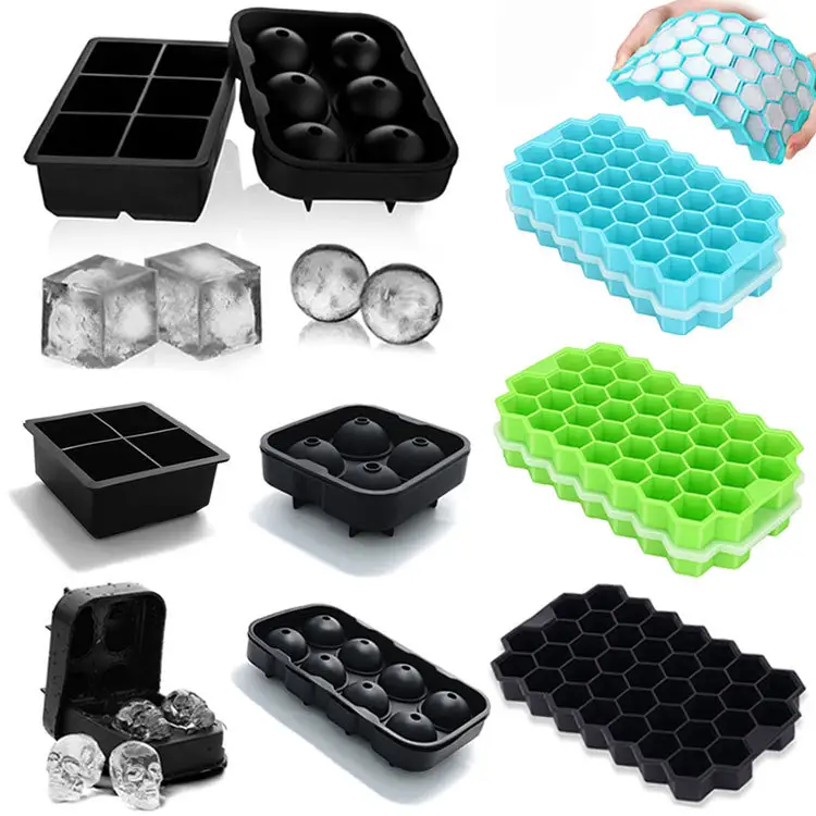 Molde de bandeja de cubitos de hielo de silicona redondo de 37 rejillas ecológico personalizado con tapa fabricante de bolas de hielo