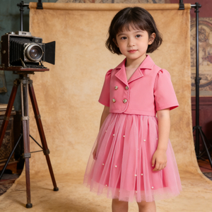 Completo Due Pezzi per <span class=keywords><strong>Bambina</strong></span>: Blazer a Maniche Corte e Abito <span class=keywords><strong>in</strong></span> <span class=keywords><strong>Tulle</strong></span> con Rose 3D, Abbigliamento Casual per Bambine e Ragazze - Product Image 2