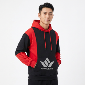 Sparkwell Industry Men's <b>Red</b> Black Color Blocking <b>Hoodie</b> Regular Fit Knitted Polyester Digital Eco-Friendly Autumn Casual Wear - Product Image 1