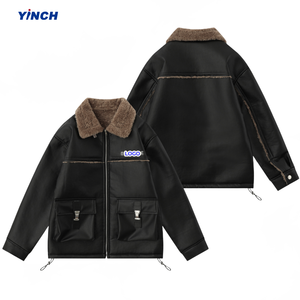 LAYENNE Veste en <span class=keywords><strong>cuir</strong></span> PU à épaules tombantes pour hommes Plus Size Sherpa Vintage Style Turn Down Collar Winter Puffer Jacket Unisex - Product Image 1