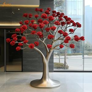 Décoration publique du hall de l'hôtel moderne Grand art abstrait Statue de <span class=keywords><strong>fleur</strong></span> de rose <span class=keywords><strong>rouge</strong></span> plaqué métal Sculpture d'<span class=keywords><strong>arbre</strong></span> en acier inoxydable poli - Product Image 2