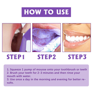 Mousse <span class=keywords><strong>dentifrice</strong></span> violette 2024, vente chaude, blanchiment des dents et nettoyage en profondeur, soin buccal, élimination des taches jaunes, ingrédient chimique, 50 ml - Product Image 6