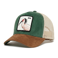 Gorra de béisbol vintage de gamuza neutra con parche de animal, bicolor, con malla trasera, snapback, etiqueta tejida personalizada, tipo trucker