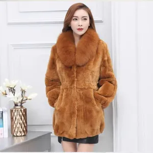 Mùa Đông Ấm Áp Bất Rex Thỏ Áo Khoác Lông Thú Với Fox Fur Cổ Áo Phụ Nữ Giản Dị Cộng Với Kích Thước Màu Vàng Dày Lông Thú Chính Hãng Áo Khoác Thời Trang Outwear