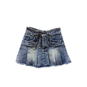 <span class=keywords><strong>Jupe</strong></span> plissée en jean pour fille, taille élastique, style vintage, coupe trapèze, ourlet brut, courte, pour le printemps et l'été - Product Image 5
