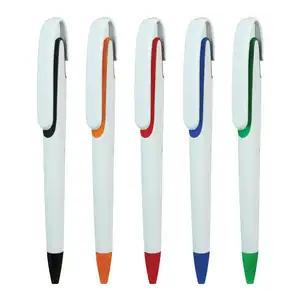 High Quality Customized Logo Cheap White Color Push-button Plastic Pen With Color Design Under The Clip