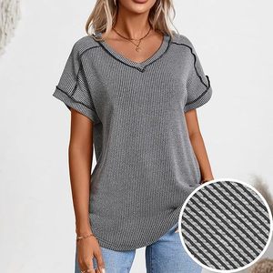 เสื้อคอวีแขนสั้นผ้ายืดทูโทนแฟชั่นสำหรับผู้หญิง ฤดูใบไม้ผลิ/ฤดูร้อน ปี 2026 - Product Image 6