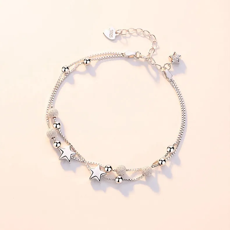 925 Sterling Silver Star Double Layer Women Adjustable Bead Bracelet Fashion Jewelry Gift