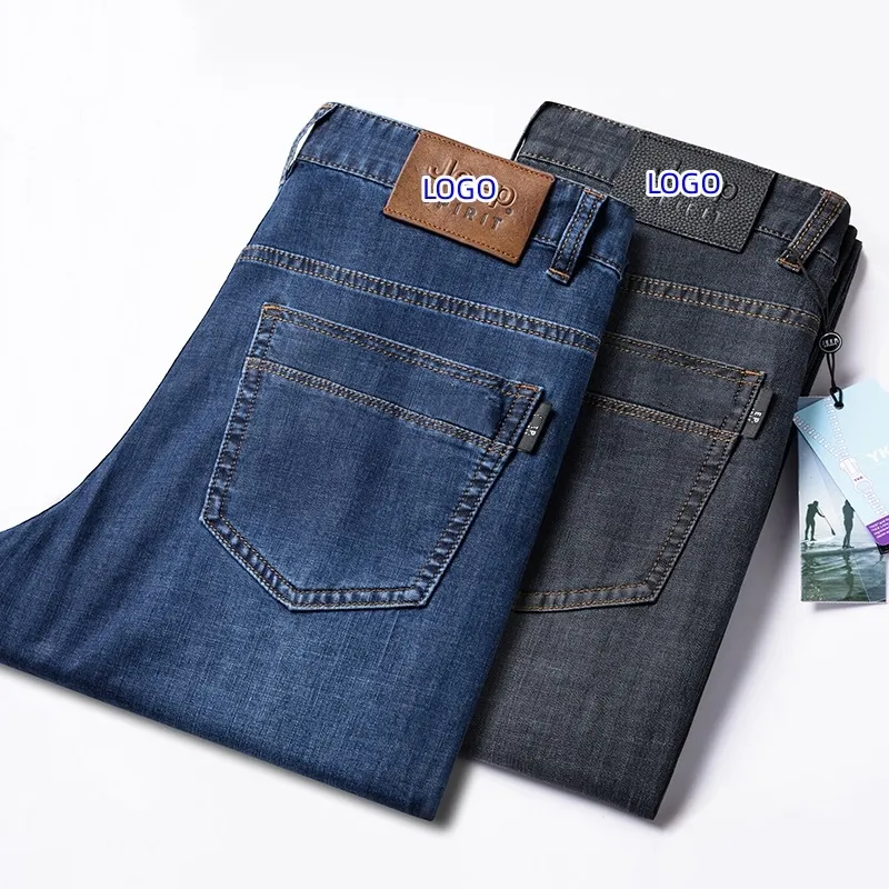 Calça jeans J9011 para homens, calça jeans justa comercial clássica de elasticidade para homens, marca personalizada OEM azul folgada