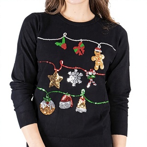 Pull de Noël noir à sequins pour femme, col rond, manches longues, tricoté, décorations de fêtes, vêtement d'hiver, sweat-shirt à col rond - Product Image 4