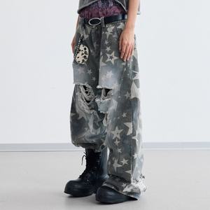 Jeans amples et décontractés pour hommes, style vintage délavé, motif étoile personnalisé, effet usé et déchiré, coupe scimitar, vente en gros - Product Image 3