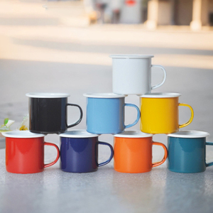 Personalizado 12oz 350ml Campfire Camping Aço Metal Vintage Enamelware Café Colorido Dentro Outlet Esmalte Caneca com Borda Branca