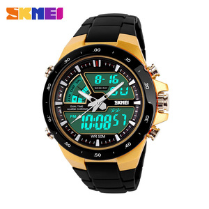 Skmei Digital Sports Watch Men 50M Waterproof Dual Time Alarm Chrono Large Dial Black Gold Band - Product Image 1