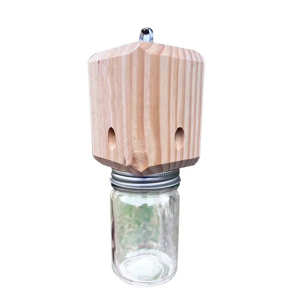 Custom Logo And Materual Eco-Friendly Soild Wood Bee Warehouse Carpenter Bee Trap With Glass Jar For Outdoors