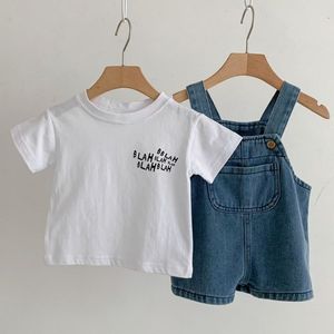 Nouveau unisexe Denim salopette Shorts léger été lettre chemise coupe ample réglable <span class=keywords><strong>Jean</strong></span> bretelles bébé vêtements ensembles - Product Image 2