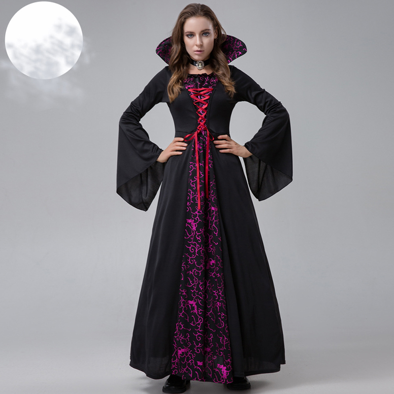 Robe Halloween Femme - Imprimé Gothique, Manches Longues, Déguisement Sorcière Vampire