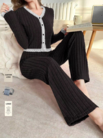 Ensemble de salon côtelé automne-hiver, manches longues, bordure en dentelle, pyjamas, vêtements de nuit doux, ensemble de pyjama 2 pièces pour femmes
