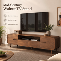 Meuble TV en noyer de style Mid-Century, forme pilulière, coins arrondis, armoires à portes coulissantes, étagère ouverte, tiroirs, pieds coniques, pour la maison