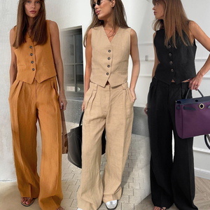 Kadın yaz rahat moda iki parçalı Set pamuk yelek kısa mahsul Tops & geniş bacak pantolon bayanlar örme kumaş katı desen - Product Image 1