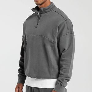 Sweat-shirt classique simple pour homme, ample, gris uni, 14 zip, en coton, personnalisable, printemps automne, épaules tombantes, pull uni - Product Image 2