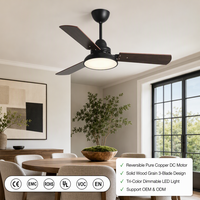 Ventilateur de plafond moderne à 3 pales en bois, moteur DC silencieux, flux d'air réversible, lampe LED avec télécommande