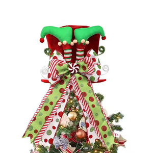 Décoration de Noël en tissu écologique, nœud rayé rouge et vert fait main pour le sommet du sapin, vente en gros pour la décoration de la maison et des fêtes - Product Image 2