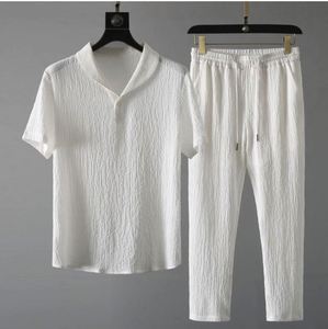 Costumes décontractés pour hommes en 2 pièces pour l'été, hauts à manches courtes + pantalons longs, couleur unie, col polo, boutons, taille élastique, séchage rapide - Product Image 1