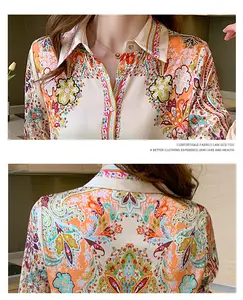 Camisa con botones y estampado personalizado OEM/ODM para mujer, blusas informales para mujer, Blusa de manga larga con cuello vuelto para mujer