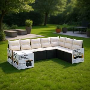 Ensemble de salon de jardin en rotin blanc crème et noir, 6 places, avec rangement, mobilier d'extérieur, design contemporain - Product Image 2