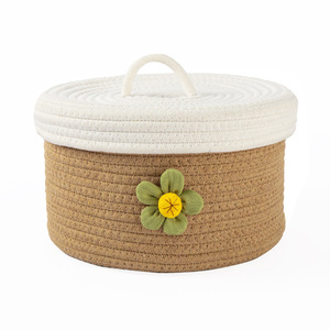 Woven Storage Box With Lid Round Handmade Cosmetic <b>Basket</b> For Desk And Home Use - Product Image 5