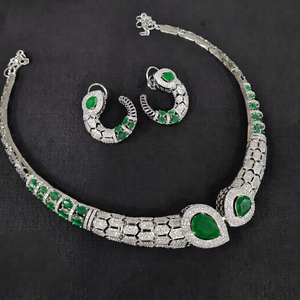 Collier et boucles d'oreilles en zircon cubique de créateur 09483, laiton plaqué rhodium, émail, bijoux classiques pour femme, cadeau pour mariage ou soirée - Product Image 1