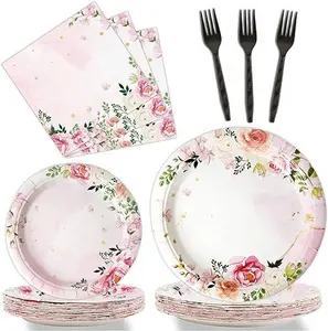 Articles de fête de luxe bon marché ensembles de vaisselle jetable pour mariage assiettes en papier floral pour douche nuptiale