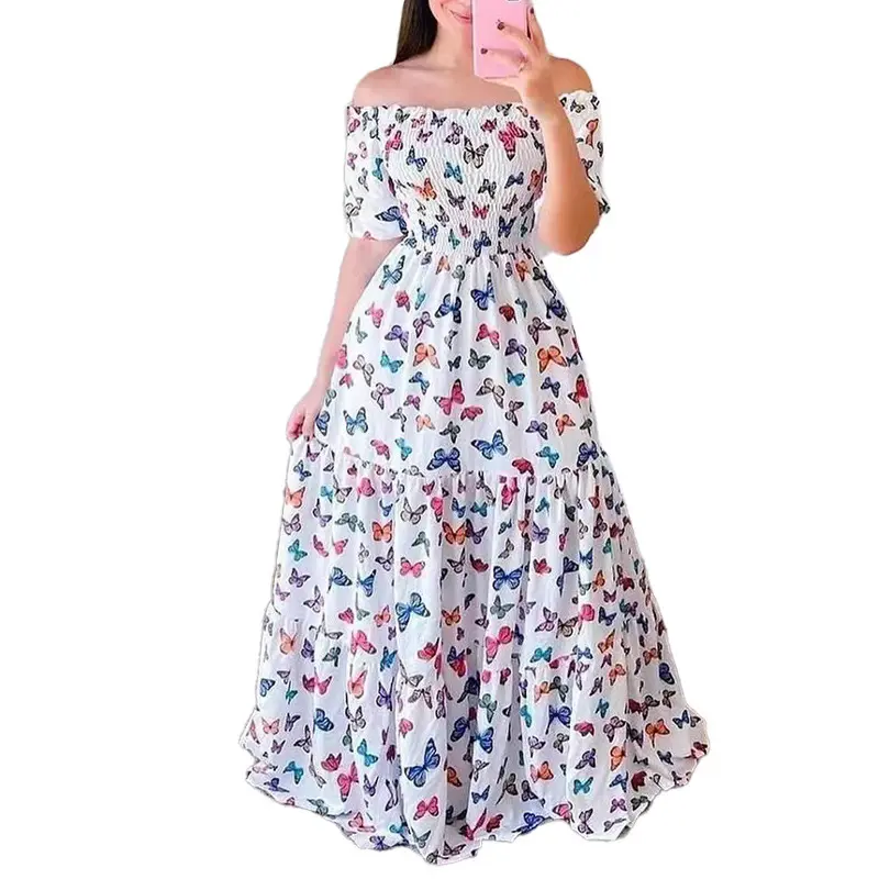 2023 New Summer European and American Women's Design Sense One Shoulder Fashion Print Off Shoulder Long Dress for Women