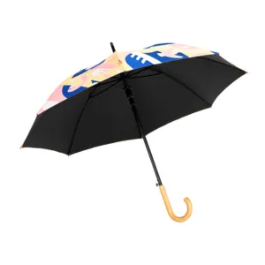 Guarda-chuva de madeira curvo com alça para menino adorável, guarda-chuva de segurança com estampa de animais e proteção contra o sol e o vento