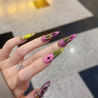 [Alien Eye] Ongles à presser style français, effet œil-de-chat vert peint à la main (Haute Couture), design amovible, étoile