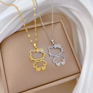 Collar con Colgante de Gato Hello Kitty de Acero Inoxidable con Baño de Oro PVD de 18K y Circonitas, Diseño de Dibujos Animados, Sin Deslustre, para Mujer - Product Image 2