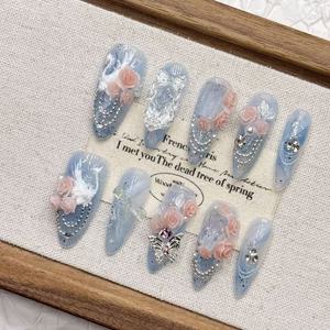 <span class=keywords><strong>Uñas</strong></span> Postizas Cortas Cuadradas Acrílicas Hechas a Mano con Diseño de Medusa Azul, <span class=keywords><strong>Uñas</strong></span> Postizas de Almendra para Mujer, Estilo Veraniego - Product Image 6