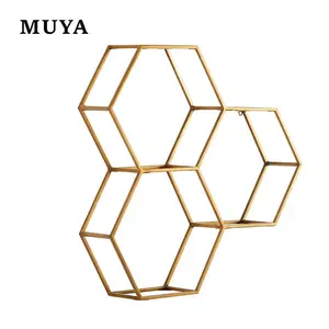 New Design Modern Metal Hexagon Floating Wall Shelf Unit with Glass Shelves