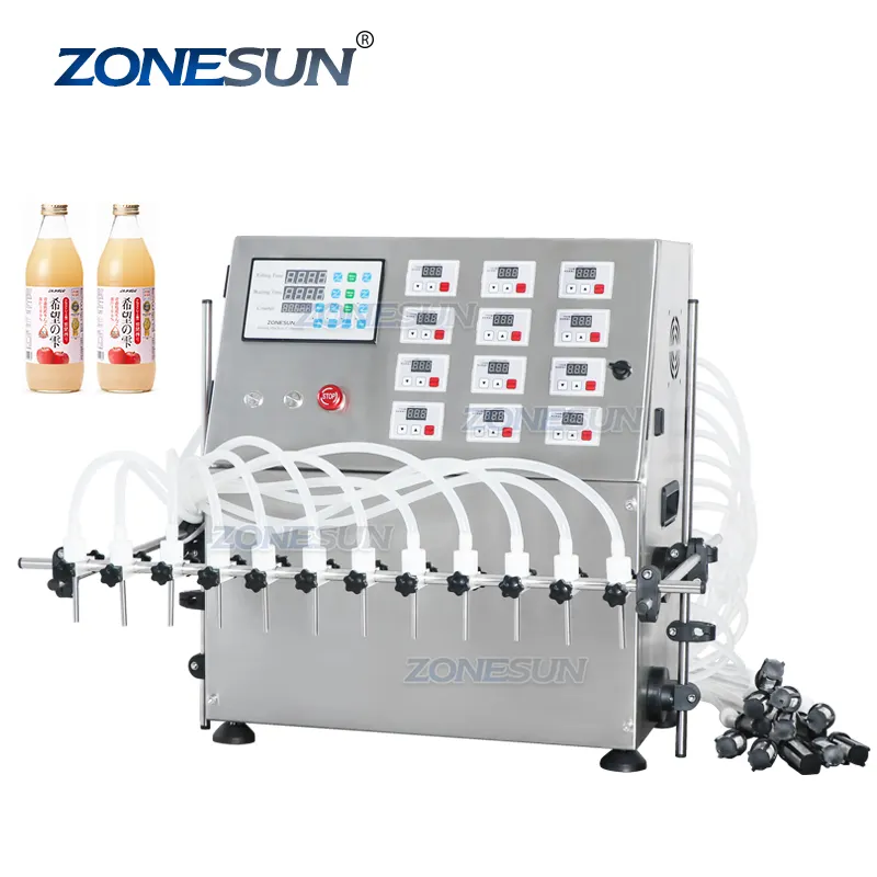 ZONESUN ZS-DPYT12P 12 رؤساء شبه التلقائي مضخة الحجاب الحاجز السائل عصير ماكينة تعبئة زجاجات