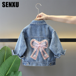 Veste en jean unie décontractée avec nœud papillon pour <span class=keywords><strong>fille</strong></span>, coton écologique d'automne - Product Image 2