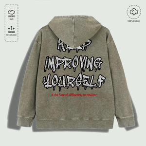 Felpa con Cappuccio 100% Cotone Lavato con Grafica 'Keep Improving Yourself Resilient', Multicolore - Product Image 1