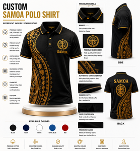 Camiseta polo con diseño tribal samoano dorado, tejido transpirable, antiarrugas, de secado rápido y con logotipo personalizado. - Product Image 3