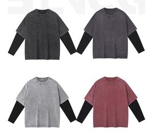 ET-019 250g Acid Wash Long Sleeve Shirts Y2K Crew Neck 2 in 1 T-Shirt Oversized Tops Streetwear Long Sleeve <strong>Tshirts</strong> - Product Image 3
