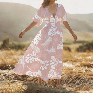 Vestido Maxi Casual de Verano con Estampado Personalizado OEM, Escote Profundo en V, Fruncido, de Rayón Suave de Alta Calidad, Estilo Polinesio - Product Image 3