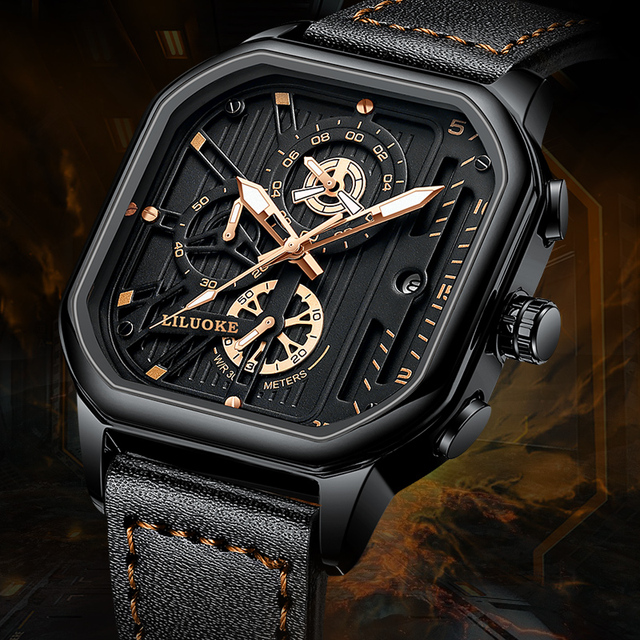 LILUOKE 2025 Square Quartz Watch Sport Watches Waterproof Leather Strap Luxury Quartz Wrist Men Watchesc