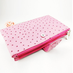 Pink Ostrich Pattern <b>Makeup</b> Bag With Magnetic Buckle Portable Cosmetic <b>Case</b> For Home Storage - Product Image 4
